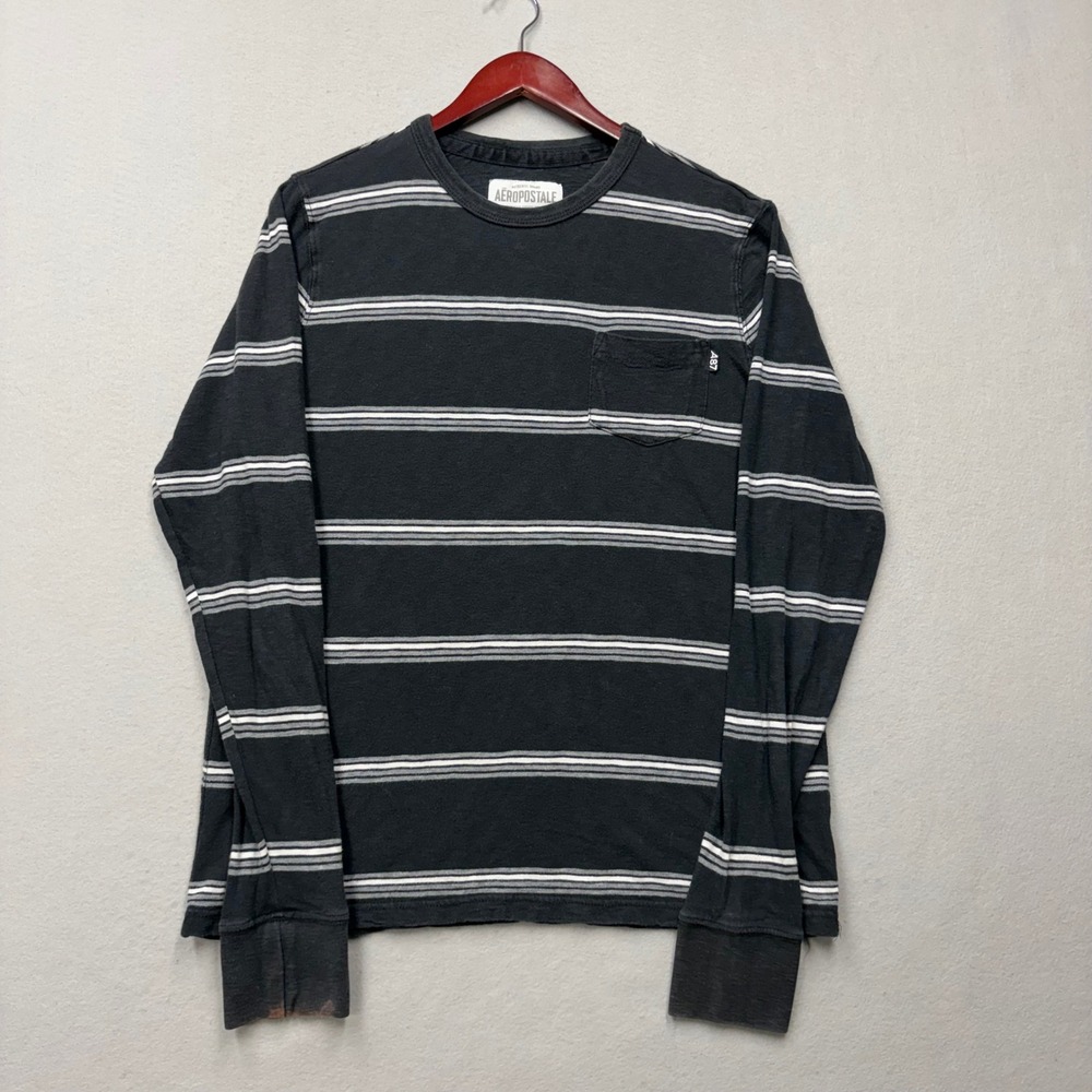 Aeropostale Shirt Mens Medium Black Striped Long Sleeve Pocket Tee Y2K Cotton
